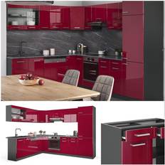 Vicco Cuisine en angle R-Line, Bordeaux haute brillance/anthracite, 227 x 287 cm sans plan de travail