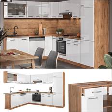 Muebles de Cocina VICCO Cocina esquinera R-Line, Blanco brillo intenso/roble dorado, 227 x 287 cm sin encimera