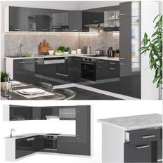 VICCO Cuisine en angle R-Line, Anthracite brillant/blanc, 227 x 287 cm sans plan de travail