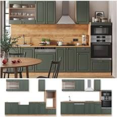 Muebles de Cocina VICCO Mueble de cocina Fame-Line, Green-Gold Country/Gold Power Roble, 300 cm con armario alto, sin encimera