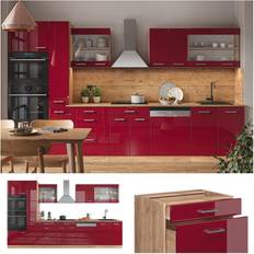 VICCO Cuisine R-Line, Bordeaux brillant/Chêne doré 350 cm avec armoire haute, sans plan de travail