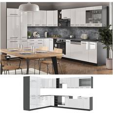 Blanco Muebles de Cocina VICCO Cocina esquinera Fame-Line, Blanco brillo/antracita, 347 x 257 cm sin encimera