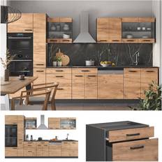 Muebles de Cocina VICCO Mueble de cocina R-Line, Oro power roble/antracita, 350 cm con armario alto, sin encimera