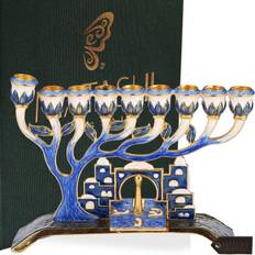 Candle Holders Matashi Painted Blue Enamel Menorah Jerusalem City Candle Holder