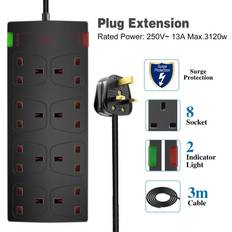 Surge Protector 8 Gang Surge-Protected Extension Lead Black 3m