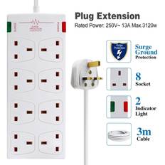 White Power Strips & Extension Cords 8 Gang Surge-Protected Extension Lead White 3m