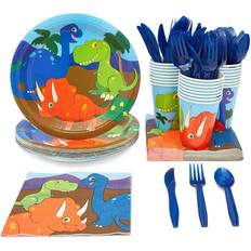 Plastic forks and spoons Juvale Dinosaur Party Supplies, Including Plates, Knives, Spoons, Forks, Cups and Napkins Serves 24, 144 Pieces Blue