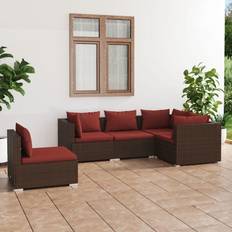 Rouge Ensembles de Salon d'Extérieur vidaXL Poly Rattan Brown 5 Piece Garden Lounge Set With Cushions Fabric Ensemble de Salon d'Extérieur