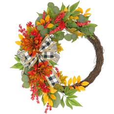 Decorations National Tree Company Wreaths Orange & Buffalo Check Bow Harvest Dahlia Wreath Decoration