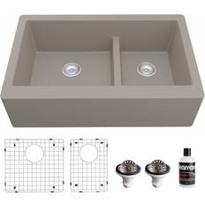 Drainboard Sinks on sale Karran Farmhouse/Apron-Front Quartz Double Bowl Kitchen Sink Kit