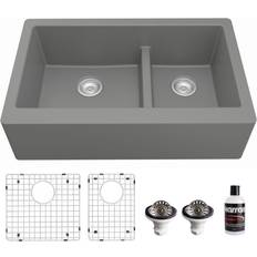 Drainboard Sinks Karran Farmhouse/Apron-Front Quartz Double Bowl Kitchen Sink Kit