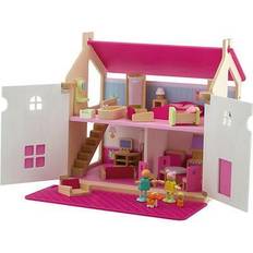 Sevi Dockor & Dockhus Sevi Puppenhaus aus Holz 47 x 42 x 30 cm, Komplettes Spielset mit Möbeln, 3 Charakteren und Hund 83045 rosa