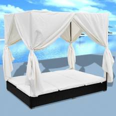 vidaXL Sunlounger With Curtains Poly Rattan Black