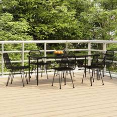 vidaXL 7 Piece Garden Poly Rattan Black/Brown Patio Dining Set, 1 Table incl. 6 Chairs