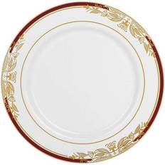 10.25" White with Burgundy and Gold Harmony Rim Plastic Dinner Plates 120 plates White With Burgundy And Gold