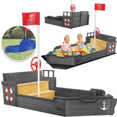 Sandspielzeuge KIDIZ Sandkasten Ahoi Piratenschiff Boot Segelschiff aus Holz Inkl. Abdeckung Bodenplane Sitzbank Flaggenmast Große Kinder Sandkiste für den Garten Outdoor Sandbox