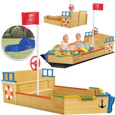 Sandspielzeuge KIDIZ Sandkasten Ahoi Piratenschiff Boot Segelschiff aus Holz Inkl. Abdeckung Bodenplane Sitzbank Flaggenmast Große Kinder Sandkiste für den Garten Outdoor Sandbox