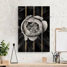 Impression sur bois Pivoine et feuilles noir et blanc