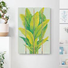 Timber Holzbild Plankenoptik Blumen Hochformat Gelbgrüne Bananenblätter