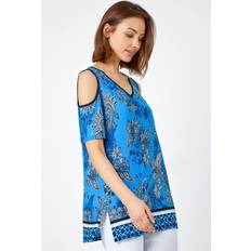 Roman Paisley Border Print Cold Shoulder Top - Blue
