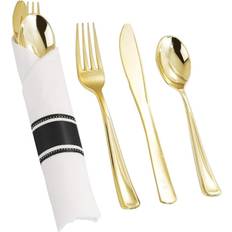 Wedding Disposable Flatware Smarty Shiny Metallic Gold Plastic Cutlery in White Napkin Roll Set 100ct