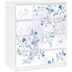 Papier Adhésif Pour Meuble Malm Commode 4x Tiroirs Motif Fantaisie Bleu Cómoda