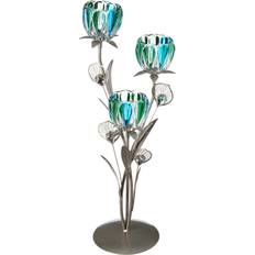 World Menagerie Triple Peacock Bloom Tall Iron Candle Holder