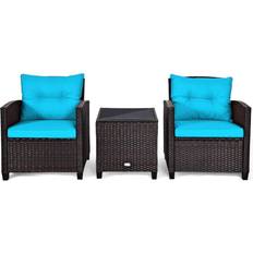 Outdoor Lounge Sets Costway Sofa Conversation with Cushions, Brown/Blue, 3pcs Outdoor Lounge Set