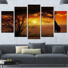 Design Art "Typical African Sunset with Giraffe" Oversized African Landscape Framed Art