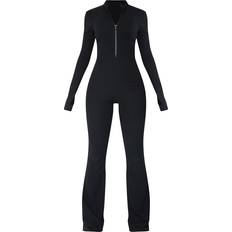 PrettyLittleThing Thumbhole Zip Detail Rib Jumpsuit - Black