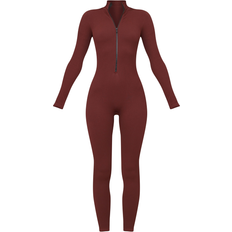 PrettyLittleThing Structured Contour Rib Zip Jumpsuit - Chocolate