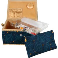 Singer Large Sewing Basket Leaf Print with Emergency Travel Sewing Kit & Matching Pouch