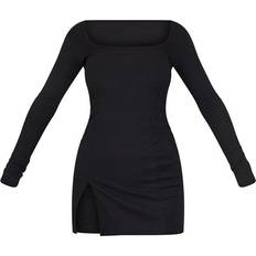 PrettyLittleThing Ribbed Split Hem Square Neck Long Sleeve Bodycon Dress - Black