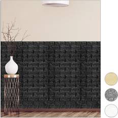 Relaxdays Pannelli da Parete Autoadesivi, 3D, Set da 10, Effetto Pietra, Decorativi, in PE-Gommapiuma, 78x70 cm, Nero