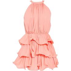 PrettyLittleThing Tiered Frill Short Halterneck Playsuit - Peach