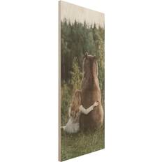 Statuette di Legno Quadro in legno Ragazza con orso marrone