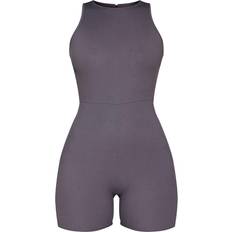 PrettyLittleThing Ribbed Racer Neck Unitard - Charcoal