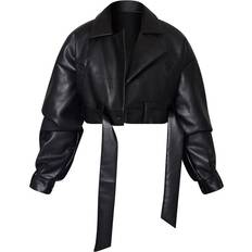 PrettyLittleThing 32 - Dame Overtøj PrettyLittleThing Oversized Belted Hem Cropped Biker Jacket - Black