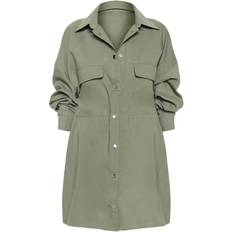 PrettyLittleThing Cargo Oversized Popper Front Shirt Dress - Khaki