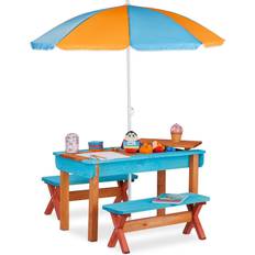 Bleu Tables de pique-nique Relaxdays Ensemble Chaise Table De Jeux Enfant Jardin 2 Bancs Et Parasol