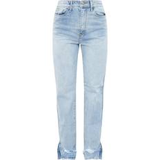 PrettyLittleThing Ripped Split Hem Straight Leg Jeans - Light Blue Wash