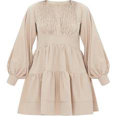 PrettyLittleThing Woven Ruffled Tiered Smock Dress - Stone