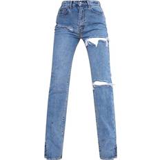 PrettyLittleThing Ripped Split Hem Jeans - Mid Blue Wash