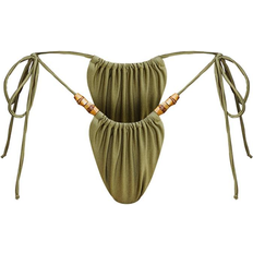 PrettyLittleThing Wooden Bead Ruched Tanga Bikini Bottoms - Olive