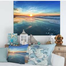 Design Art Blue Seashore with Distant Sunset - Seascape Wall Decor