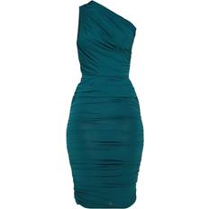 PrettyLittleThing Slinky One Shoulder Ruched Longline Midi Dress - Emerald Green