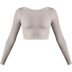 PrettyLittleThing Structured Contour Ribbed Round Neck Long Sleeve Crop Top - Stone