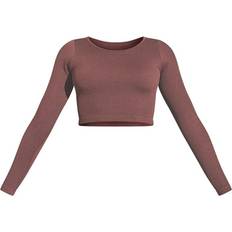 PrettyLittleThing Brun Tøj PrettyLittleThing Structured Contour Ribbed Round Neck Long Sleeve Crop Top - Chocolate