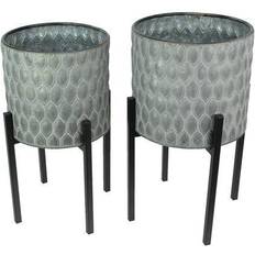 Pots, Plants & Cultivation Napco Set Of 2 Galvanized Zinc Finish Leaf Pattern Metal Planters