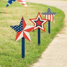 GlitzHome Set of 3 Wooden Patriotic Star Yard Stakes